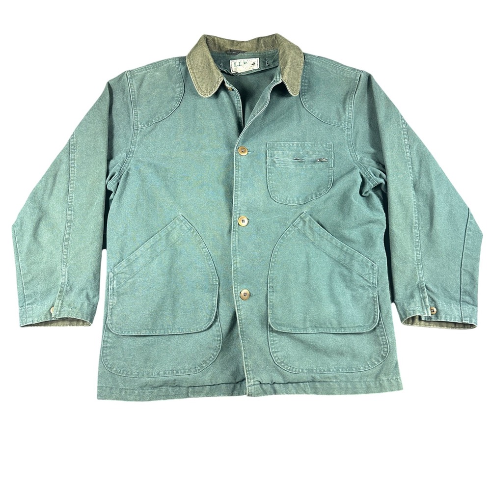 Vintage LL Bean Canvas Workwear Chore Hunting Jacket Green Corduroy Collar Med